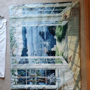 Beautiful Seaside Tapestry Wall hanging, in blues/greens is 42" W X 34" TALL EUC
